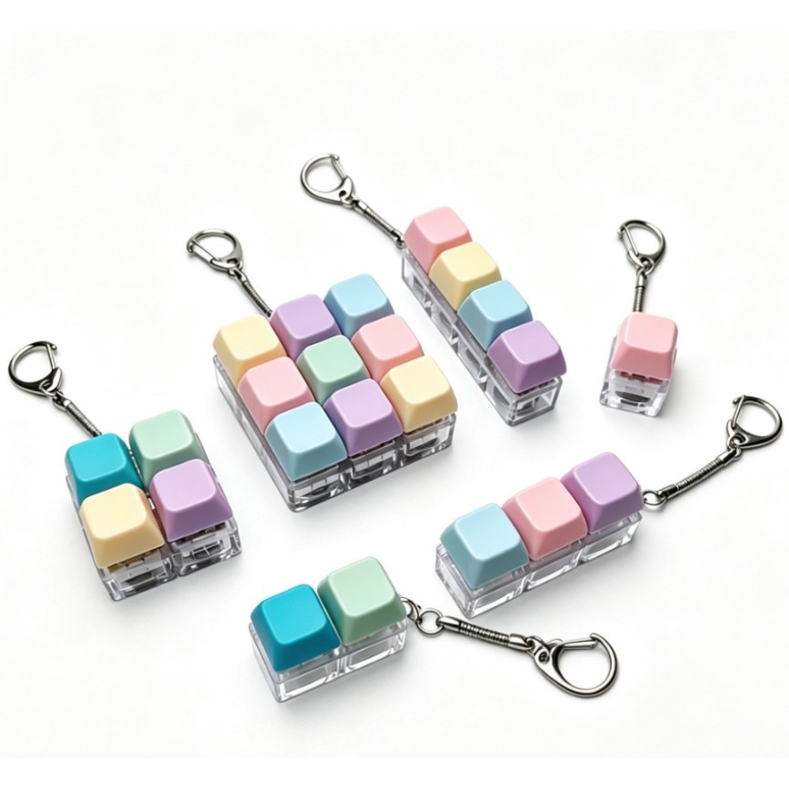 Macaron คีย์บอร์ดสีพวงกุญแจของเล่น DIY ปุ่มนิ้ว Keycap Fidget พวงกุญแจของเล่นบีบอัด