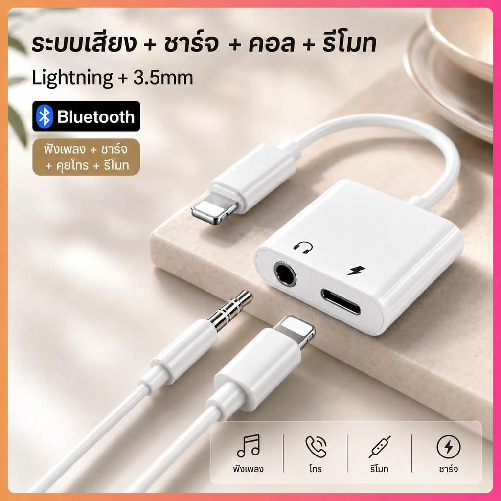 หัวแปลง Lightning เป็น AUX 3.5 มม. อะแดปเตอร์หูฟังพร้อมช่องชาร์จ สำหรับ iPhone ME043