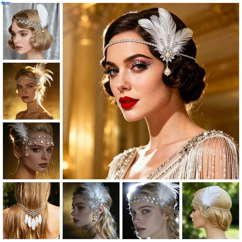 WELLNESSHAVEN ที่คาดผมขนนกสไตล์ Gatsby, Vintage Fascinator คอสเพลย์ชุด Headwear, อารมณ์เลื่อมคริสตัลเพทาย Masquerade ผมผู้หญิง