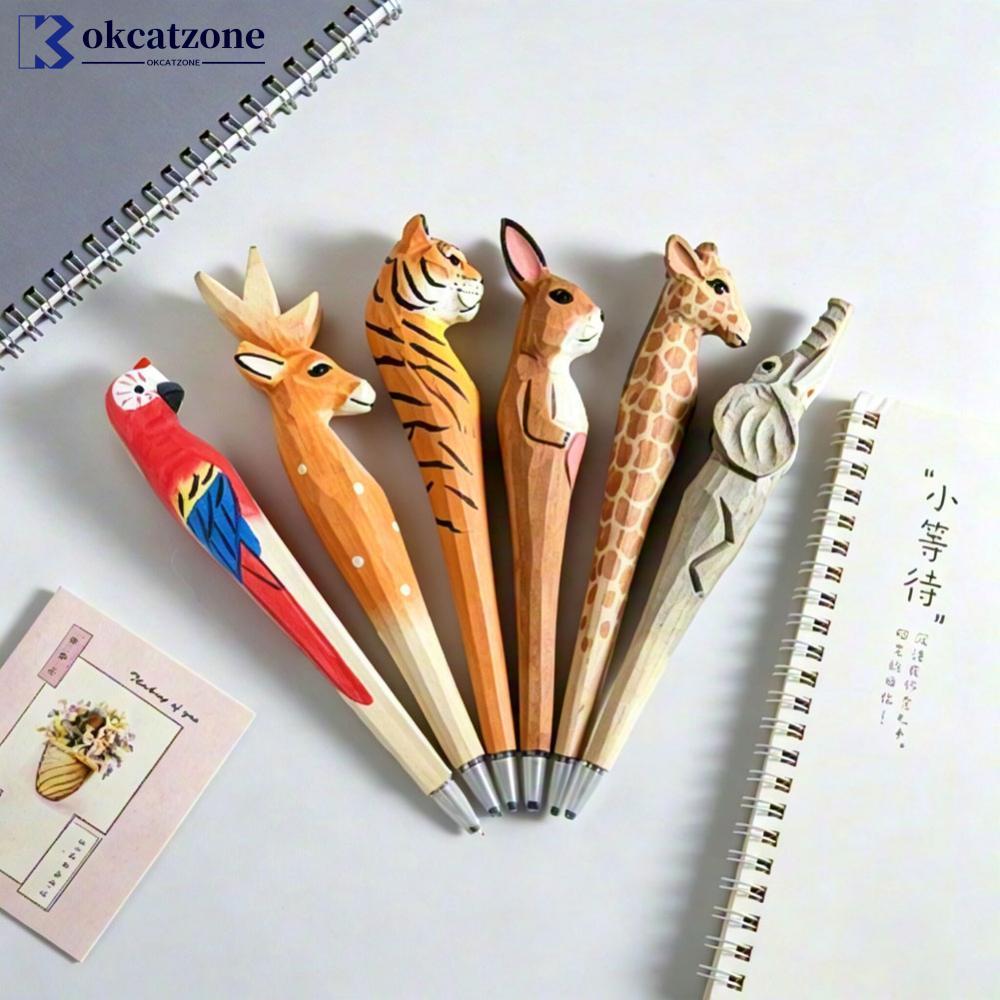 OKCATZONE Hand-Carved ไม้สัตว์ปากกา Creative Bright สี Smooth Writing Creative Home Decor ของขวัญสํา