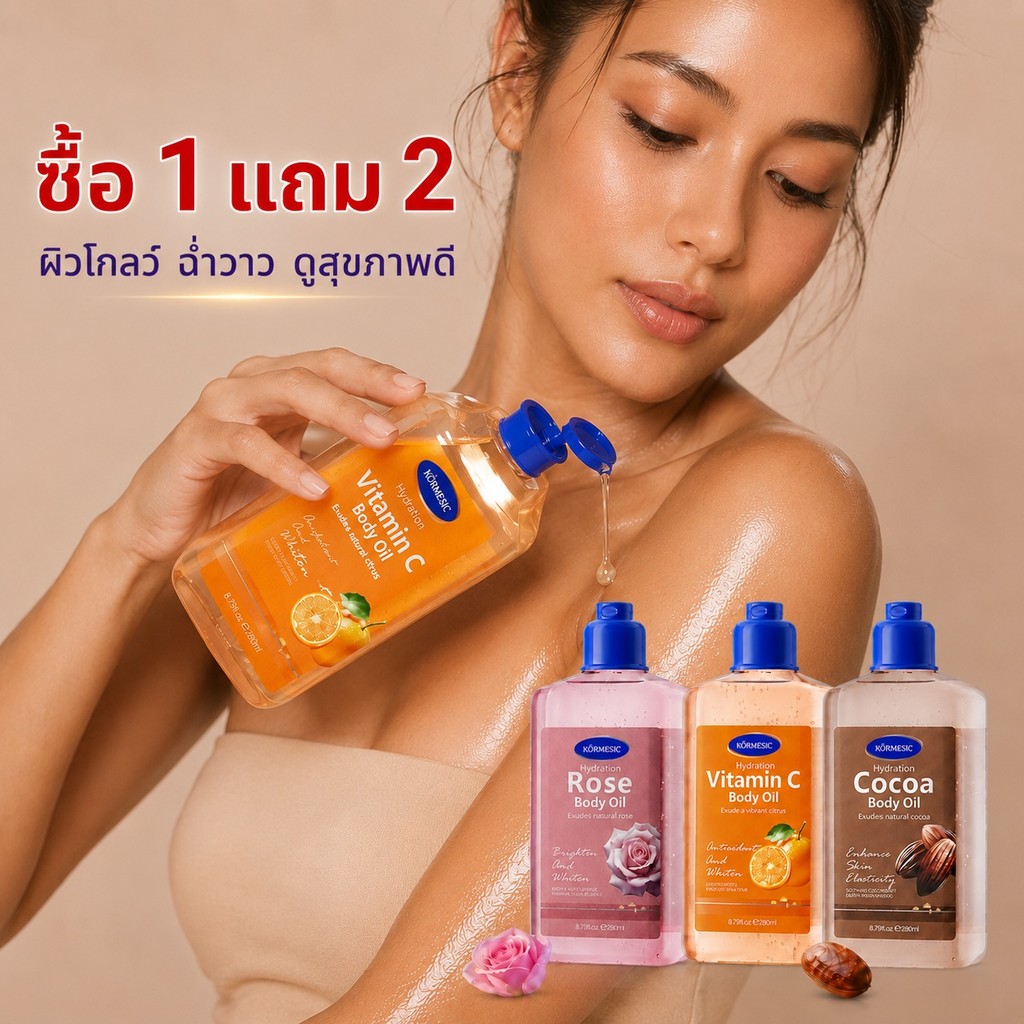สินค้าขายดี KORMESIC Body Oil 260ml วิตามินซี บำรุงผิว ชุ่มชื้น ผิวโกลว์ กระจ่างใส ซึมไว ไม่เหนียวตัว หอมติดผิวยาวนาน