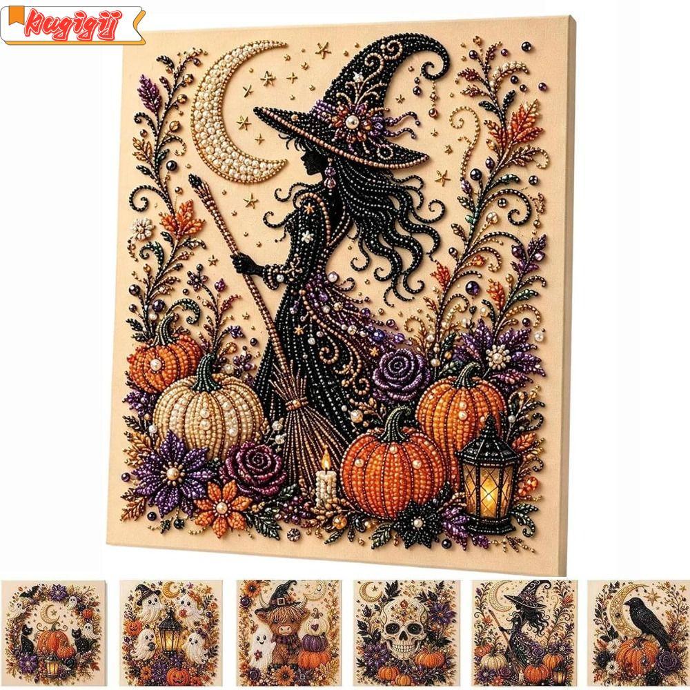 KUGIGIBH Ghost Pearl Art DIY ชุด,ผ้าใบพิมพ์ประกายเนื้อ DIY Pearl Art ชุด,แฟชั่นเรซิ่นไข่มุกสีสัญลักษณ์รหัสฮาโลวีน Pearl Art ฮาโลวีนตกแต่ง