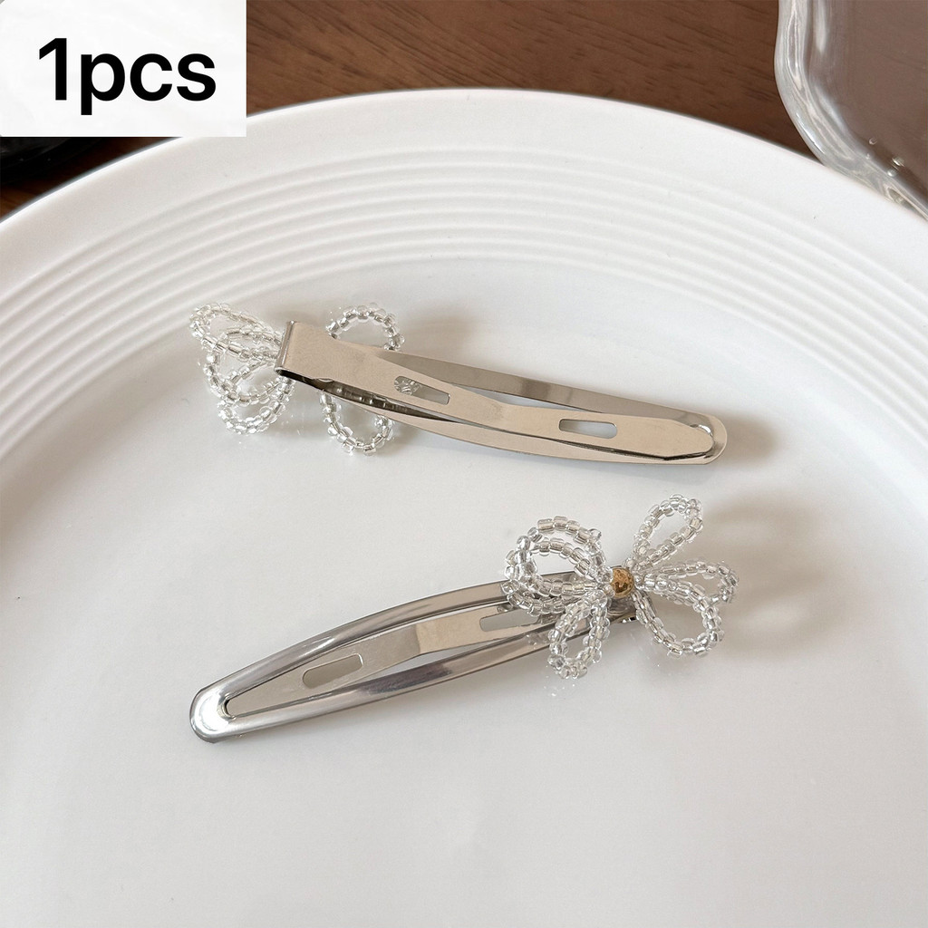 เวอร์ชั่นเกาหลี Classy Beaded Bow Silver BB Clip Out All-Match Bangs Side Clip