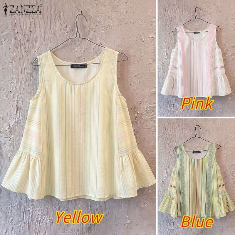 ZANZEA ผู้หญิงเกาหลีวันหยุดลําลองรอบคอแขนกุด Ruffles Pleats ลายพิมพ์ฤดูร้อน A-Line Tanks — صورة 3