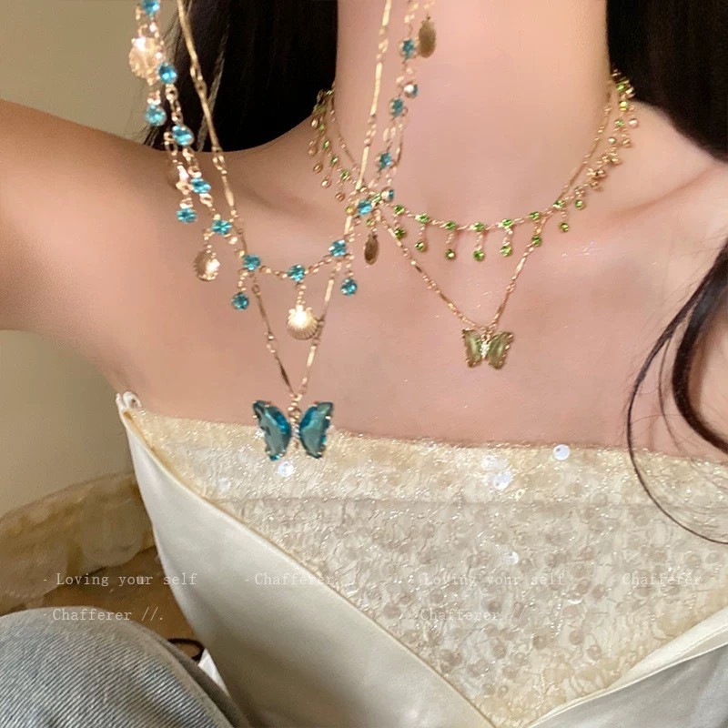 สร้อยคอโชคเกอร์พู่สองชั้นผีเสื้อสีสันสดใสสําหรับผู้หญิงเครื่องประดับกระดูกไหปลาร้าฤดูร้อน