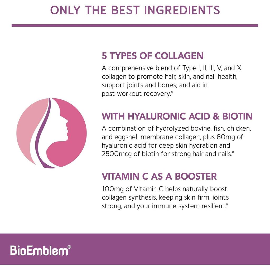 BioEmblem Beauty Collagen - Multi Collagen Complex, Hyaluronic Acid, Vitamin C & Biotin - Bovine, Fi
