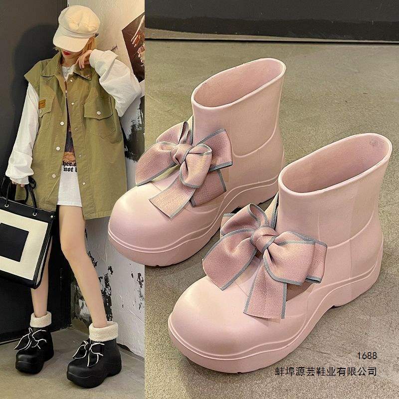 [ขายร้อน] Bowknot Boots Women Waterproof Fleece-ขนแกะ Warm Chelsea Short Boots Fashion Rain Boots รอ