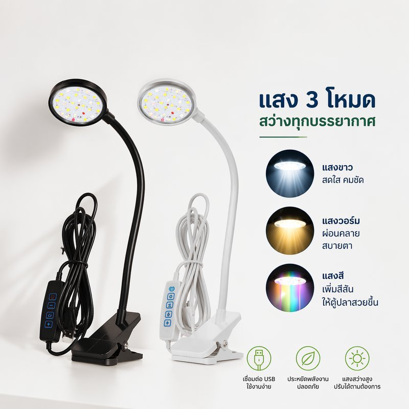 ไฟตู้ปลา LED USB แบบคลิป ปรับ 3 สี กันน้ำ IP67 ไฟตู้ปลาปลูกไม้น้ำ แสงธรรมชาติ