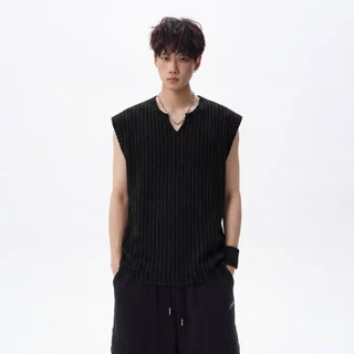 Chaistyle เสื้อยืดผู้ชาย สไตล์เกาหลี ฤดูร้อน เสื้อยืดแขนกุด คอวี ลายก้างปลา ผ้าระบายอากาศ สวมใส่สบาย แฟชั่นฮิต ลำลอง