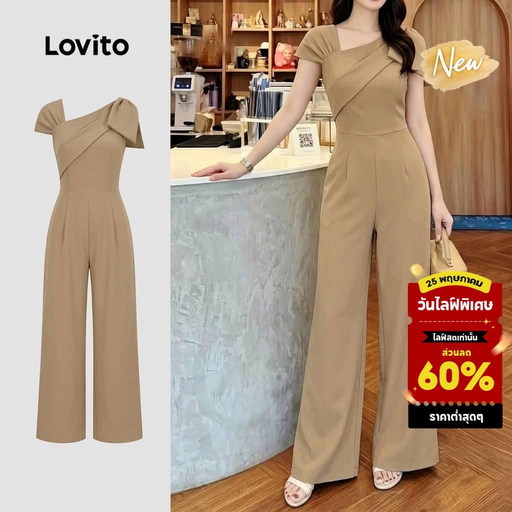 (New Arrival) Lovito จั๊มสูทลําลองผู้หญิง ทรงเอี๊ยมซิป โบว์ ฤดูร้อน/ฤดูใบไม้ผลิ สีกากี L195ED1000