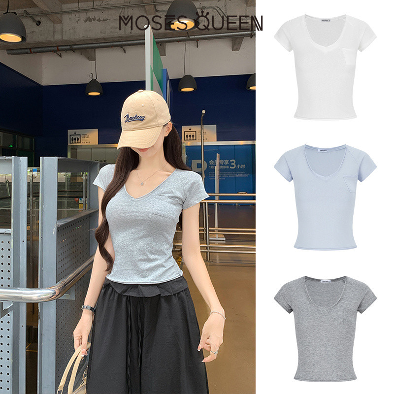 MOSESQUEEN มอสเนสควีน คอรีดหน้าคอวีแขนสั้นเสื้อยืดน้ําหนักเบากึ่งกระเป๋าโปร่งใสติดตั้งและกระชับสัดส่วนเหมาะกับผู้ชาย #63862