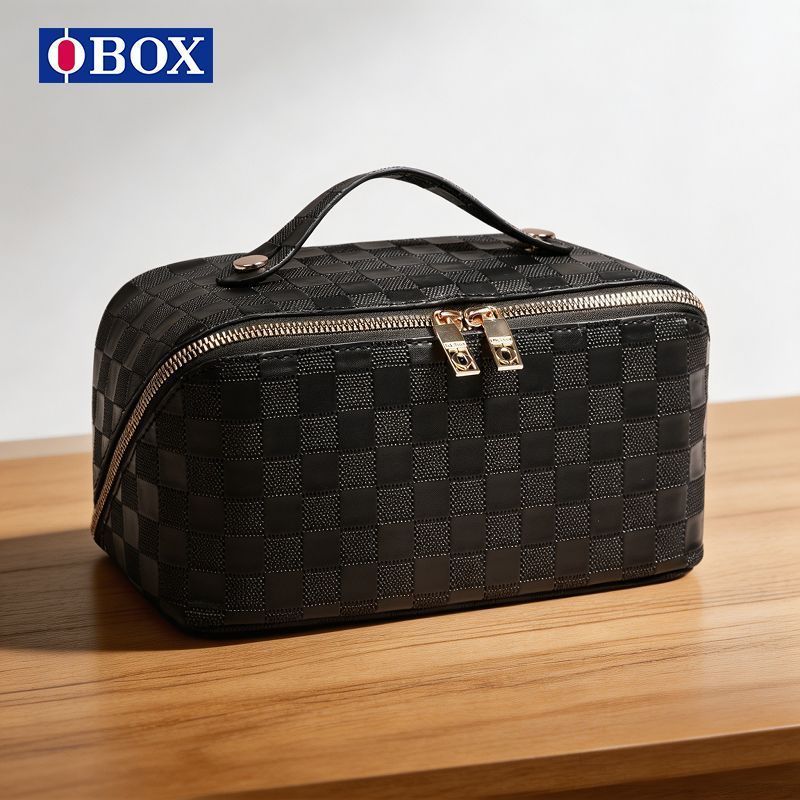 OBOX Checkerboard กระเป๋าเครื่องสําอางความจุขนาดใหญ่ Partition Storage Portable Travel Wash Portable