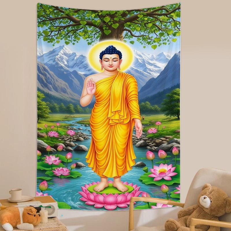 ใต้ต้นโพธิ์ ดอกบัว ศากยมุนี ภูมิทัศน์ เซน ผ้าแขวน พระพุทธรูปฐานดอกบัว ตกแต่งภูมิทัศน์ ผ้าแขวนทางศาสนา