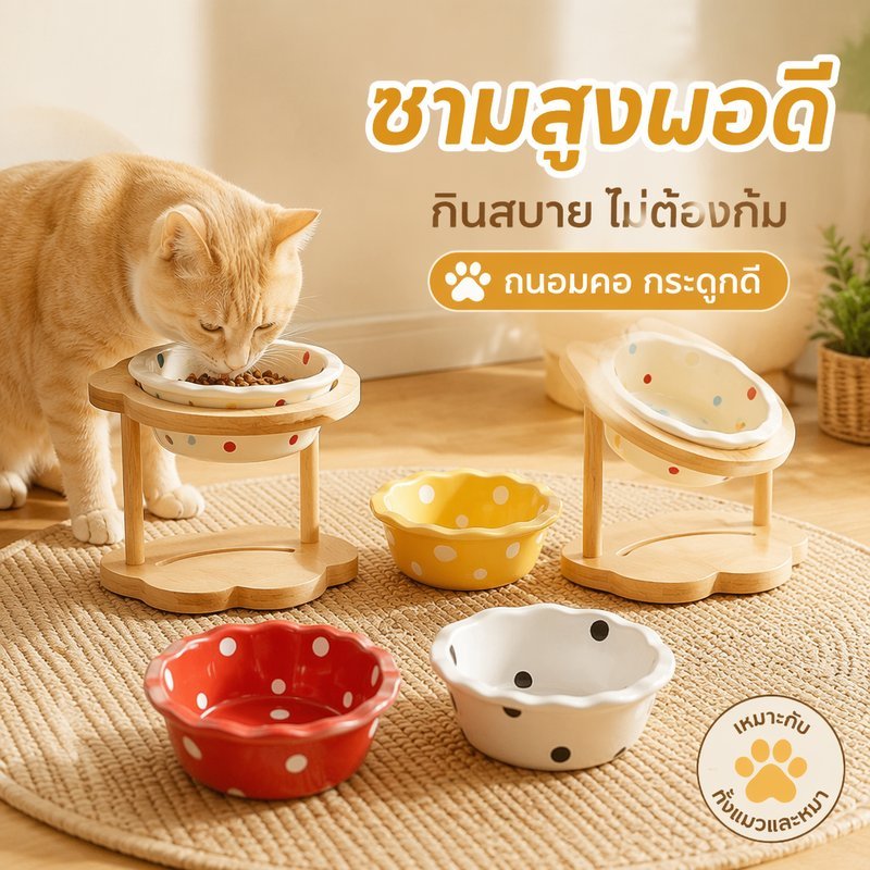 ชามอาหารแมวยกสูง เซรามิก ลายจุด ฐานไม้ กันชื้น กันลื่น ถอดล้างง่าย ชามอาหารสุนัข