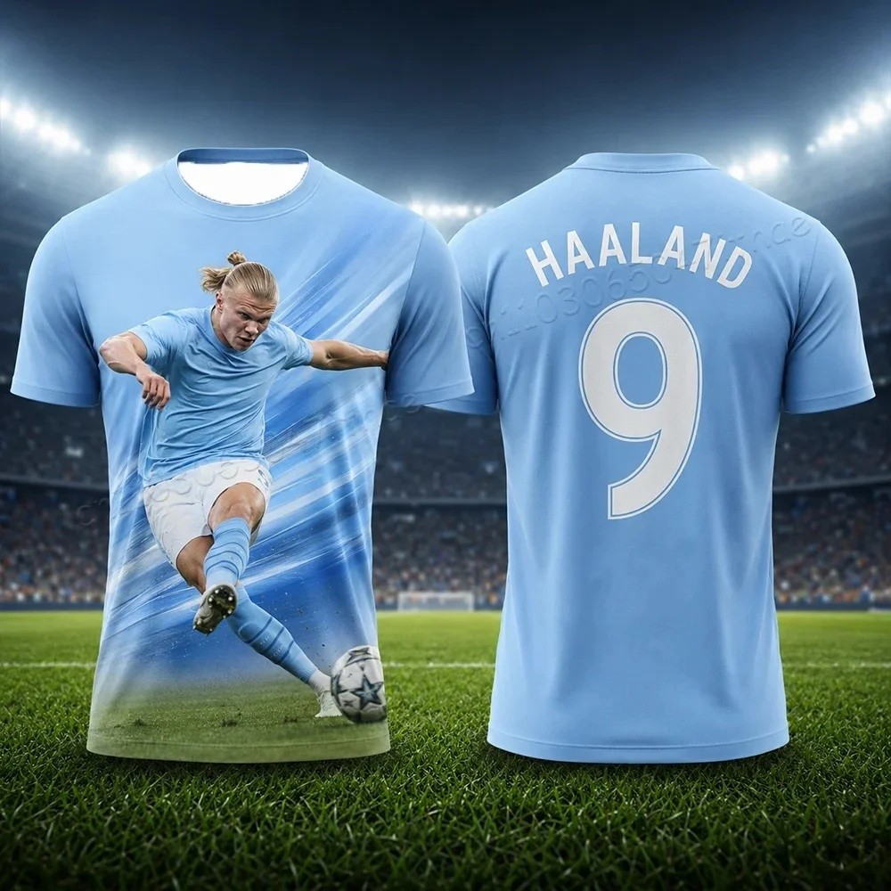 Erling Haaland No.9 Manchester City Football Fan T เสื้อ 3D พิมพ์ Quick Dry Short Sleeve Jersey สําห