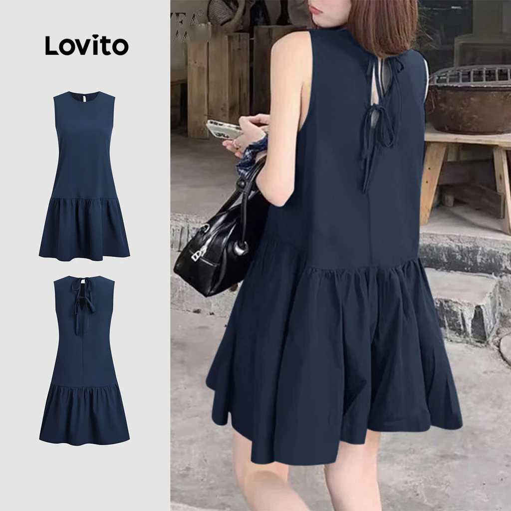 Lovito เดรสแคชชวลสำหรับใส่ทำงาน ดีไซน์คลาสสิกและใช้งานได้หลากหลาย สีน้ำเงินเข้ม ผูกโบว์ด้านหลัง เหมาะสำหรับฤดูใบไม้ผลิ/ฤดูร้อน สำหรับผู้หญิง L154ED239