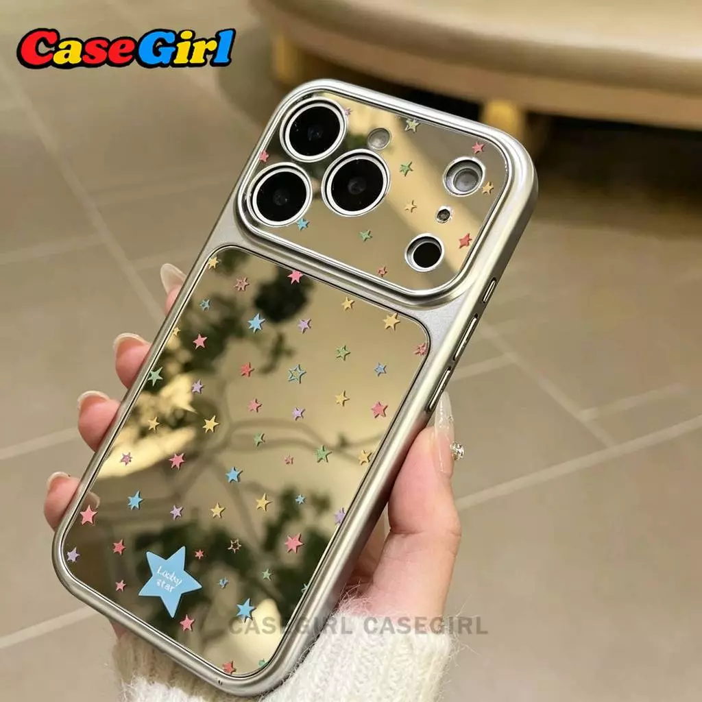 สำหรับ iPhone 11 13 16 15 17 12 14 Pro Max 16 15 Plus เคสกระจกหน้าต่างใหญ่ ลายดาวสีสัน กันตก ทำความสะอาดง่าย