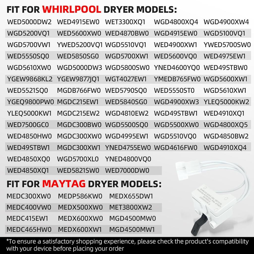 สวิตช์ประตูเครื่องเป่า Fit สําหรับ Whirlpool WED5000DW2 WGD5200VQ1 WGD5700VW1 | เหมาะสําหรับรุ่น: WE
