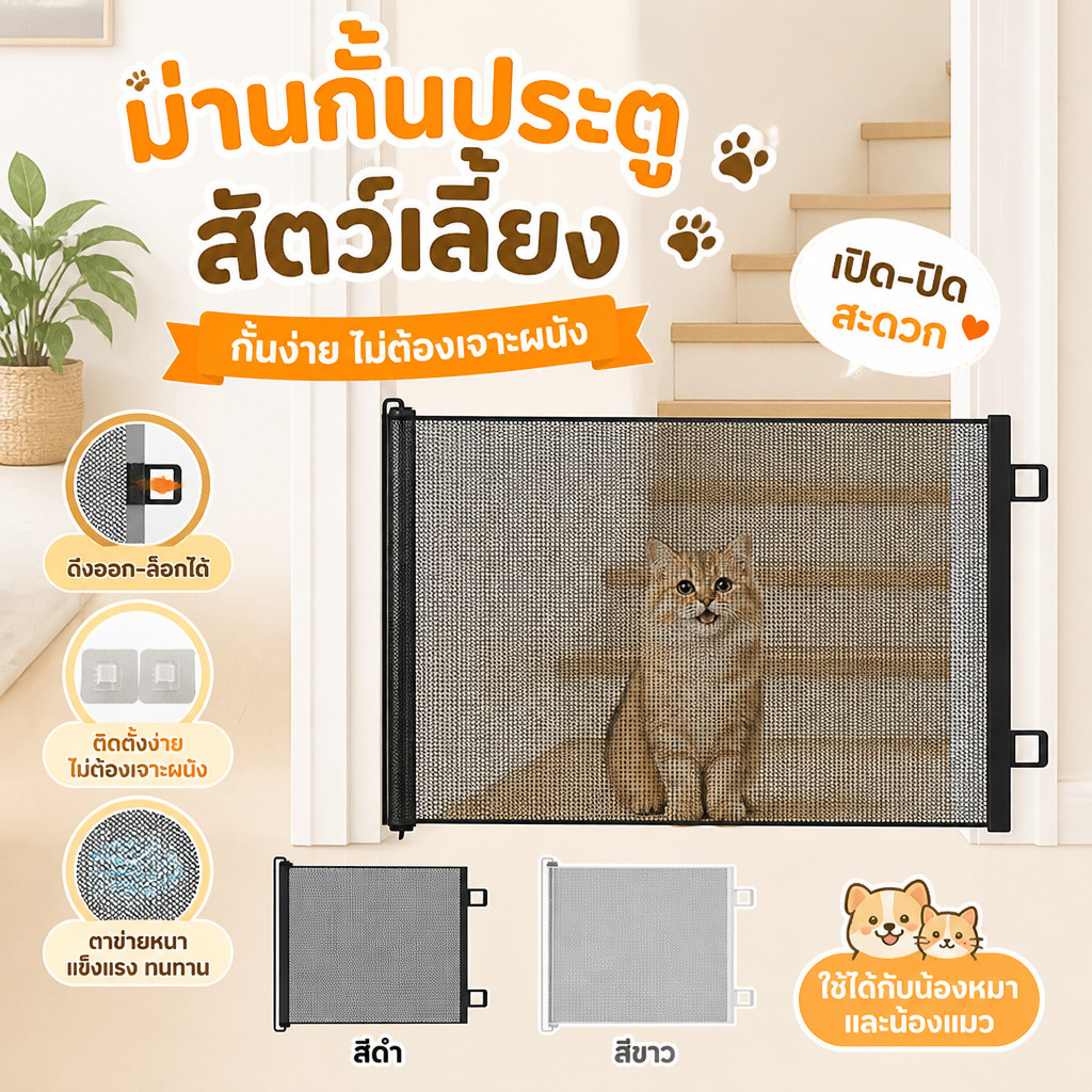 ม่านรั้วกันสุนัข ประตูกั้นสัตว์เลี้ยง รั้วยืดหดได้ รั้วแยกสัตว์เลี้ยงแบบพกพาพับ ติดตั้งง่าย110/130cm