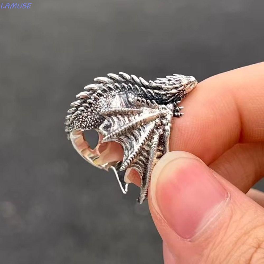 LAMUSE Pterosaur Wings Ring, Opening Adjustable Dragon Rings, Fashion Vintage Retro Punk Style Black