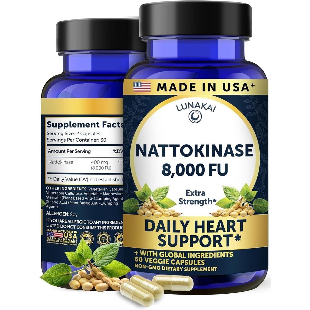 Lunakai American Natto Enzyme อาหารเสริม-เสิร์ฟแต่ละบรรจุ 400 มก. Natto Enzyme, 8000 FU-รองรับระบบหม