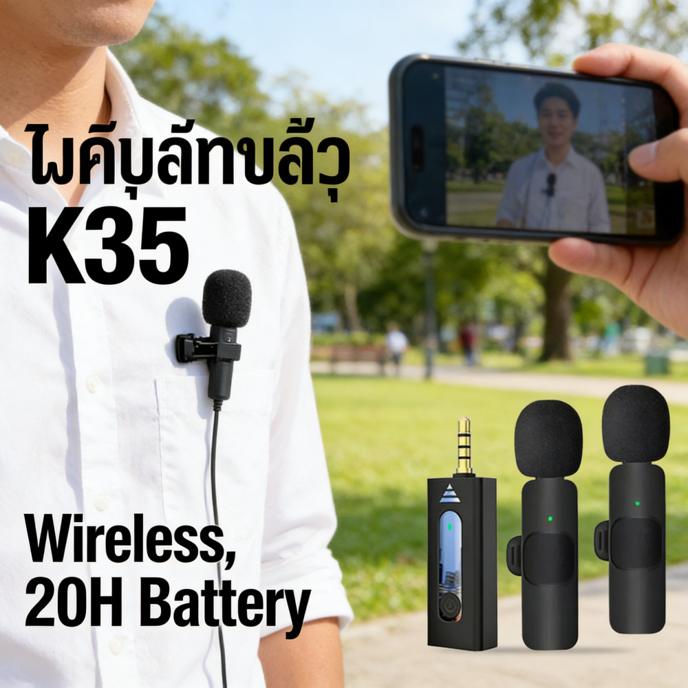ไมโครโฟนไร้สาย ไมค์ไลฟ์สด สมาร์ทโฟนลำโพง รุ่น3.5 หนีบปกเสื้อ K35 Wireless Microphone