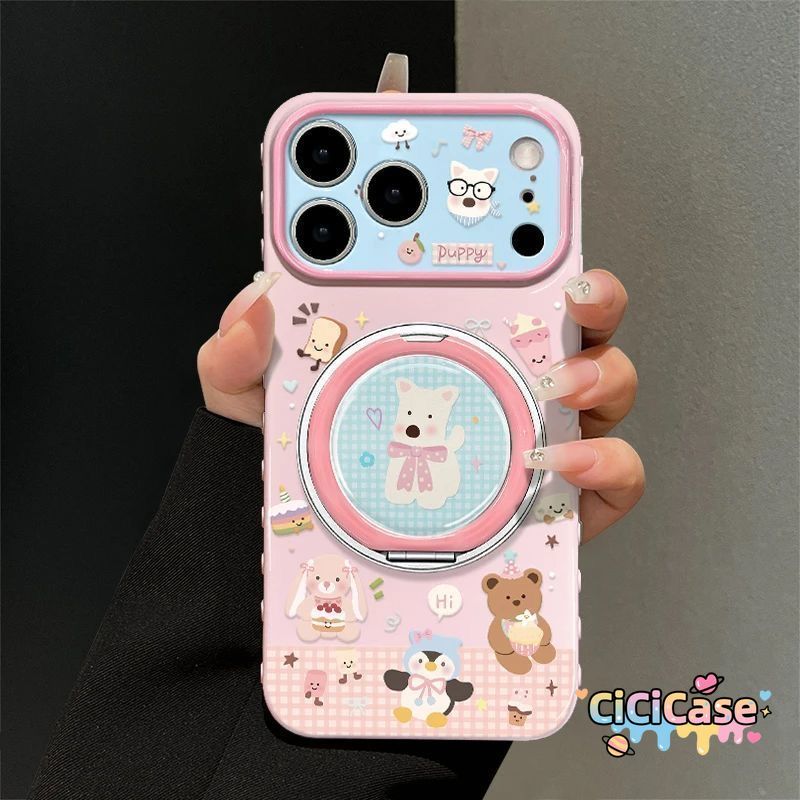 เคสโทรศัพท์ ลายการ์ตูนลูกสุนัขสีชมพู พร้อมขาตั้ง เหมาะสำหรับ OPPO A3S A74 5s A9 A54 A76 A17 A17k A52 A72 A92 A95 A15 A16