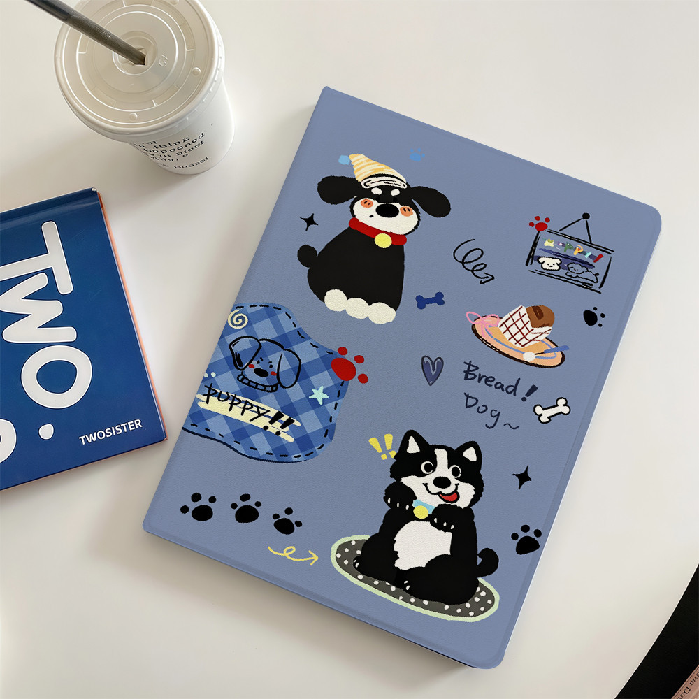 เคสสําหรับไอแพด คอลลี่ลายสีฟ้า เค้ก ฟิล์มแข็งกระจกเคส for iPadAir5/4/3/2/1 Gen11/10/9/8 Mini7/6/5/4 