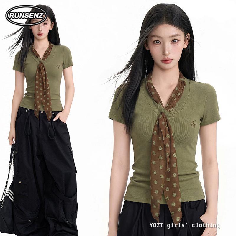 M-4XL ผ้าพันคอลายจุดผูกปม V คอ Tshirt ผู้หญิง Plus ขนาดหลวมด้านบน
