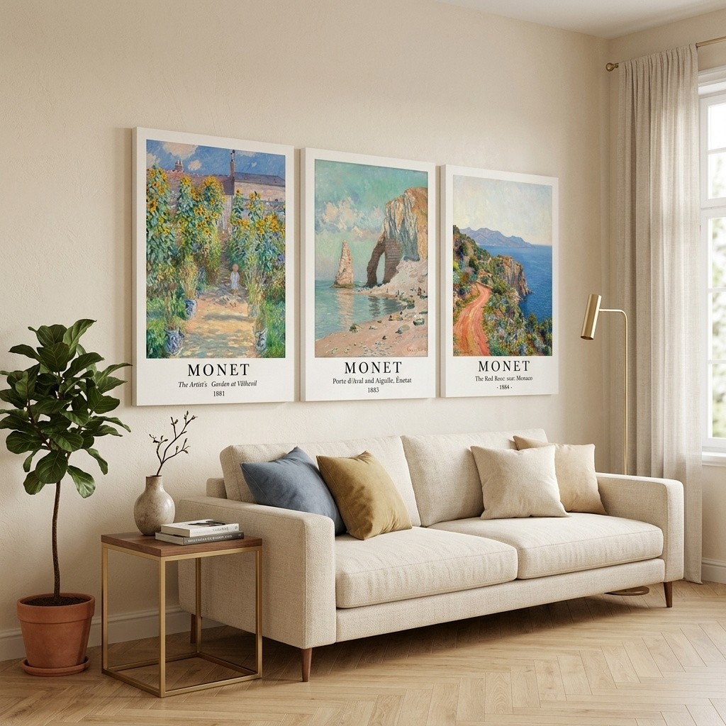 (พร้อมกรอบ) 3 ชิ้น Monet Impressionist ภูมิทัศน์ผ้าใบ Wall Art ห้องนอนตกแต่งบ้านสําหรับ Art ความงามในครัวเรือน