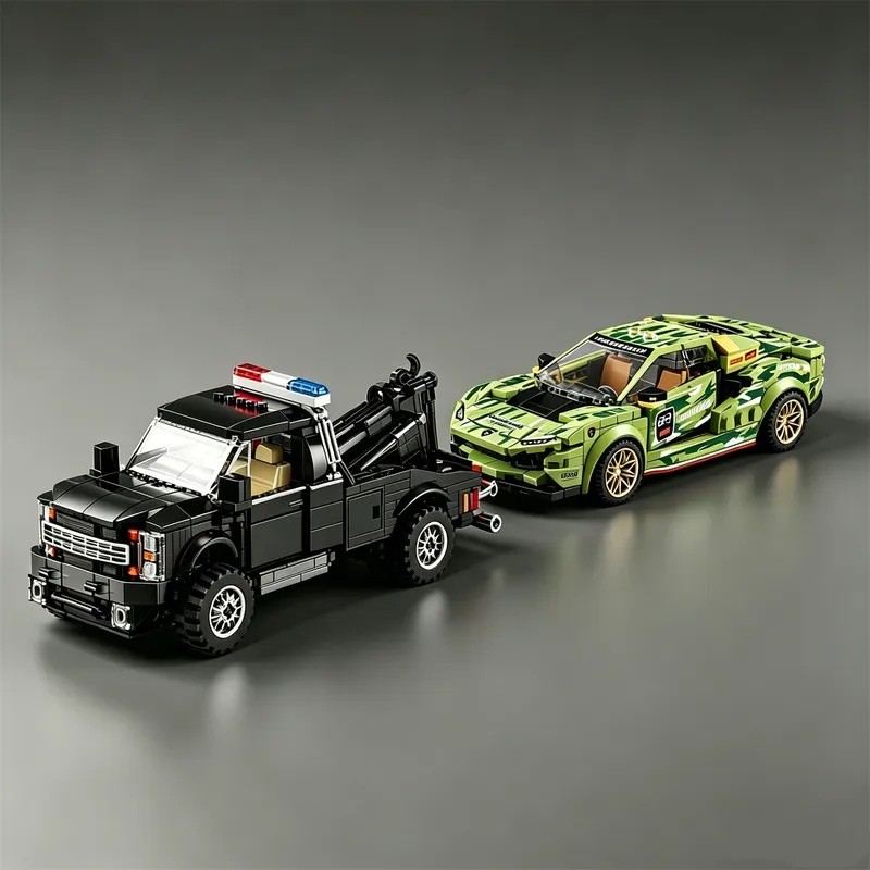 American Police F450 Tractor-Trailer Building Block Race Car Model Toy Tractor-Trailer Rescue Vehicl