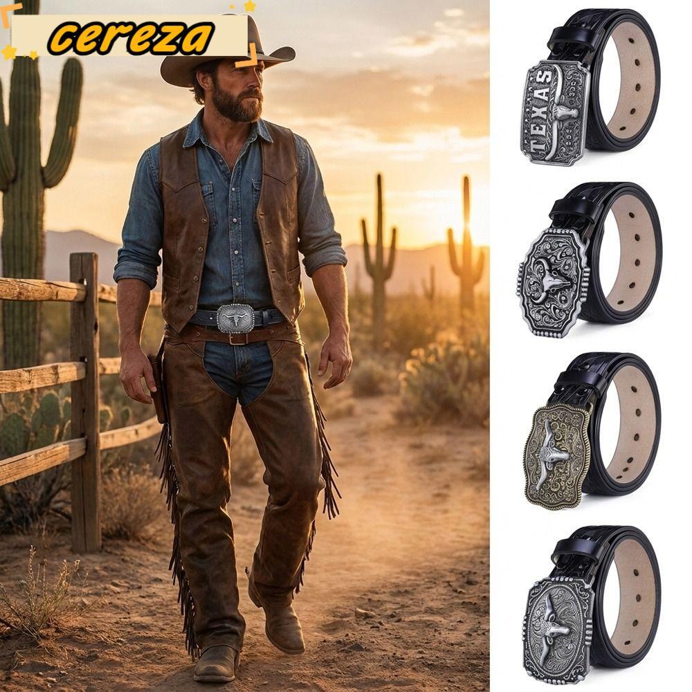 CEREZA เข็มขัดคาวบอยตะวันตก, หนัง PU Luxury Design Texas Bull Buckle Belt, Retro แกะสลักอินเทรนด์ยี่ห้อธุรกิจ Casual เข็มขัดสําหรับชาย