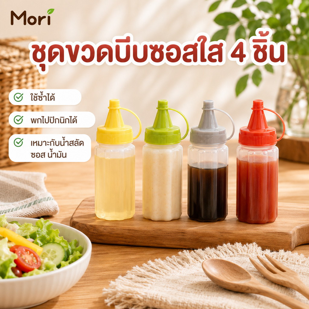 Mori พกซอสสะดวกทุกทริป ขวดบีบ 4 ชิ้น ขนาด 30 มล. หัวจ่ายเล็ก เติมซ้ำได้ ฝามี 4 สี เหมาะกับปิกนิก แคมป์ปิ้ง และเดินทาง