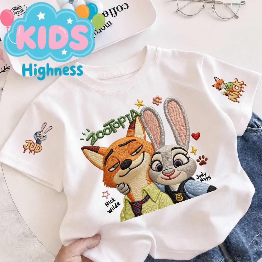 COD เสื้อยืดเด็กแขนสั้น ลาย Nick & Judy จาก Zootopia นุ่ม เหมาะสำหรับเด็กอายุ 3-12 ปี