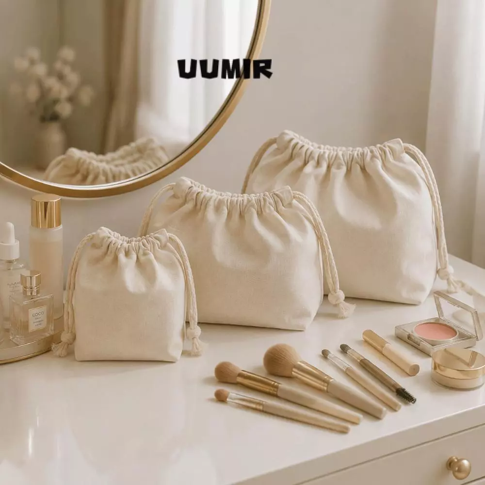 UUMIR กระเป๋าเครื่องสําอาง Drawstring, กระเป๋าแต่งหน้าผ้าแคนวาสนุ่ม, กระเป๋าจัดระเบียบเครื่องประดับแบบพกพาแบบใช้ซ้ําได้สําหรับผู้หญิง