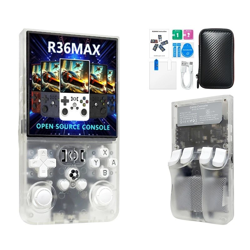 R36 Max คอนโซลเครื่องเล่นเกมมือถือหน้าจอ IPS ขนาด 4 นิ้วคอนโซลเปิดเครื่องเล่นวิดีโอกระเป๋า Retro 64G