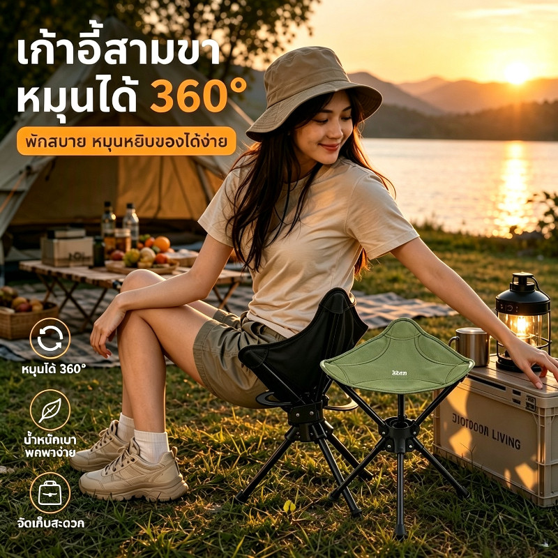 เก้าอี้สามขาหมุนได้360องศา อลูมิเนียมพับได้ น้ำหนักเบาพกพาง่าย รองรับน้ำหนัก150kg ทนทานใช้งานยาวนาน แถมถุงเก็บ