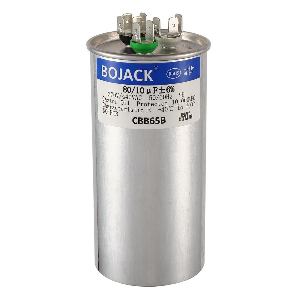 BOJACK 80+10 uF 80/10 MFD ±6% 370V/440VAC CBB65B Dual Run Circular Start Capacitor สําหรับ AC มอเตอร
