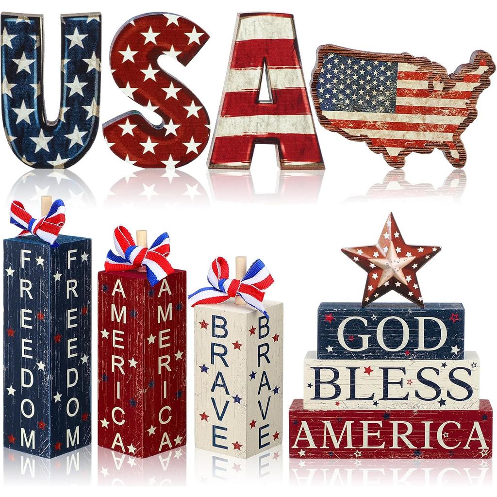 FoldLayer 11 ชิ้น 4th of กรกฎาคมตกแต่ง Patriotic Tiered ถาดตกแต่งวันประกาศอิสรภาพตารางป้ายไม้ Faux B