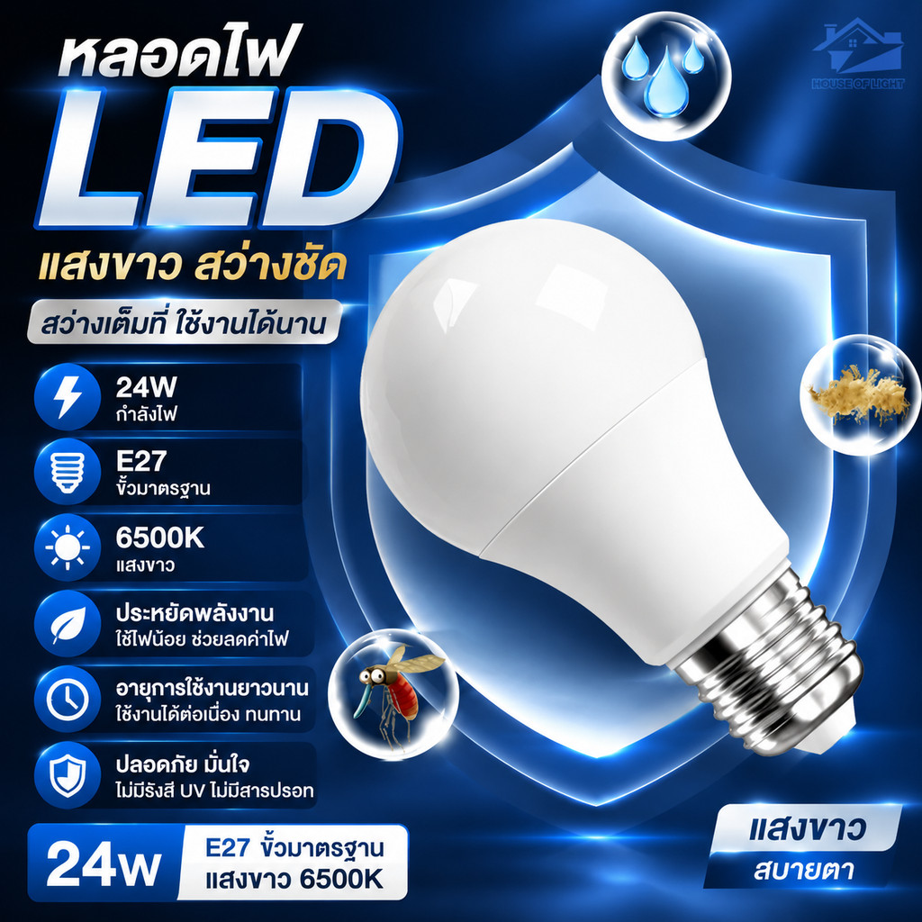 หลอดไฟ LED Bulb 24W ขั้ว E27 แสงขาว รุ่นสว่างพิเศษ กำลังสูง ประหยัดพลังงาน สำหรับห้องใหญ่ ร้านค้า สำนักงาน
