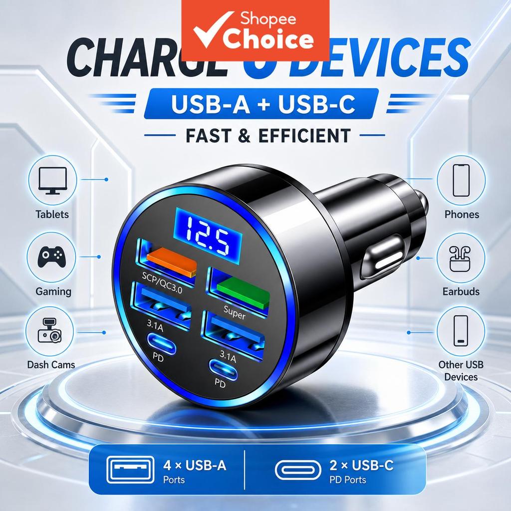 อะแดปเตอร์ชาร์จในรถแบบ 6-in-1 พร้อมหน้าจอแสดงผลดิจิทัล LED พอร์ต 4USB+2PD DC12-24V ชาร์จเร็วหลายพอร์ตสําหรับรถยนต์สําหรับโทรศัพท์