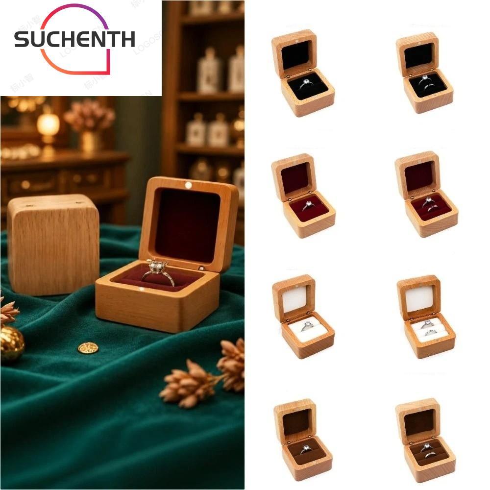 SUCHENTH กล่องไม้แหวน, Jewlery Storage ไม้หู Studs, Retro Simple กํามะหยี่ Jewlery Organizer แหวน
