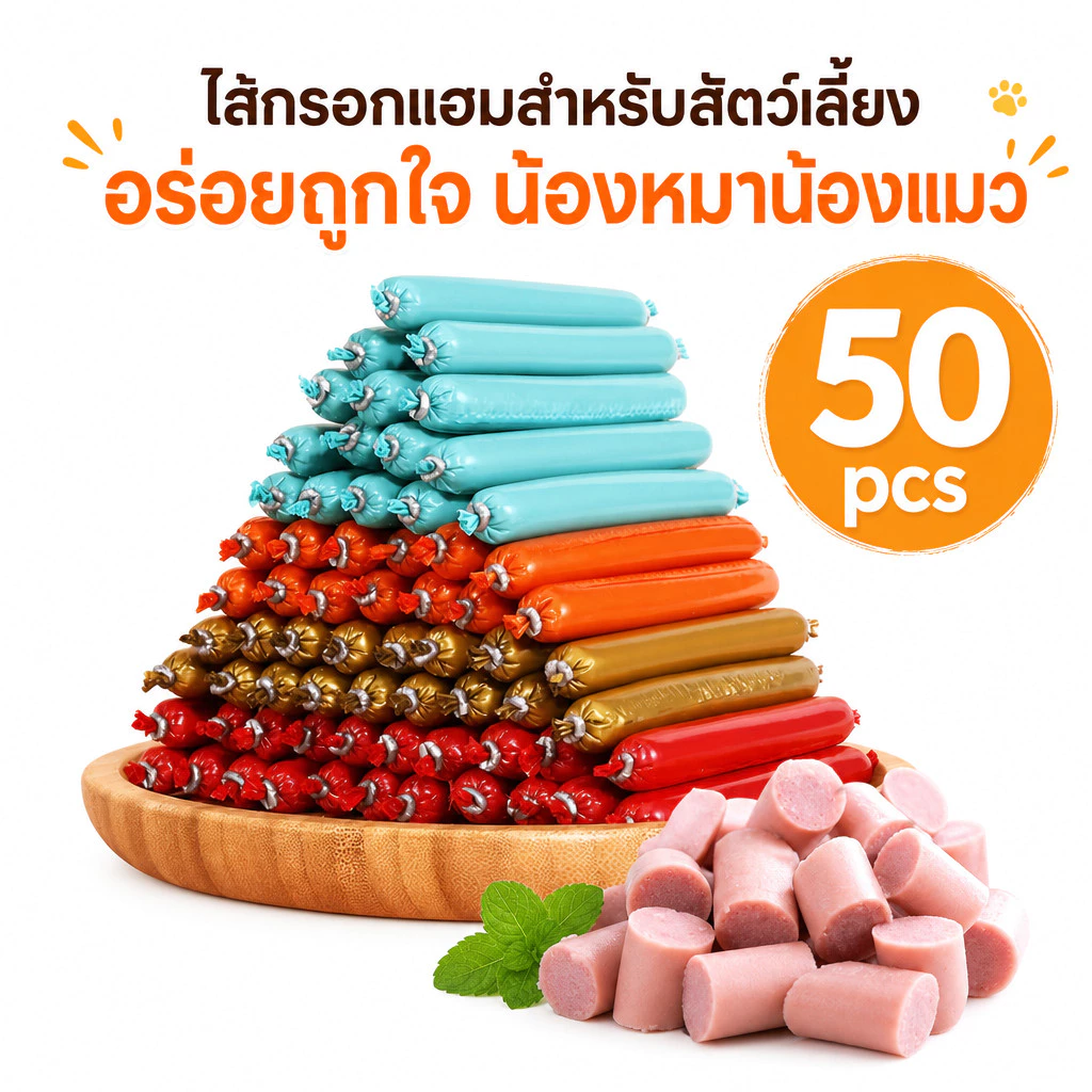 แพ็ค 50ชิ้น🔥ส้กรอกแฮมสุนัข 🥩ไส้กรอกสุนัขสูตร3เนื้อ ✅ขนมสุนัขไม่อ้วน 💖เป็ด+ไก่+ปลาแท้ 🌿ไม่มีสารกันเสีย