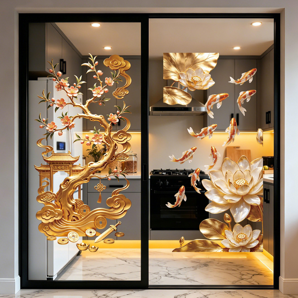 ครัวเรือน Joy Golden Lotus Koi รูปแบบตกแต่งห้องน้ําห้องครัวสติกเกอร์ไฟฟ้าสถิตใหม่ตกแต่งบ้านสติกเกอร์