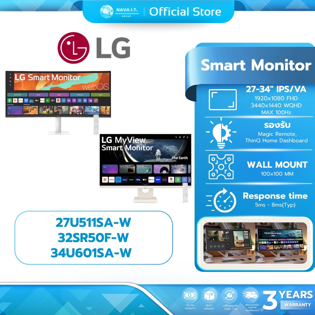LG SMART MONITOR (จอมอนิเตอร์) พร้อม webOS 27U511SA-W l 32SR50F-W l 34U601SA-W ประกัน 1 ปี