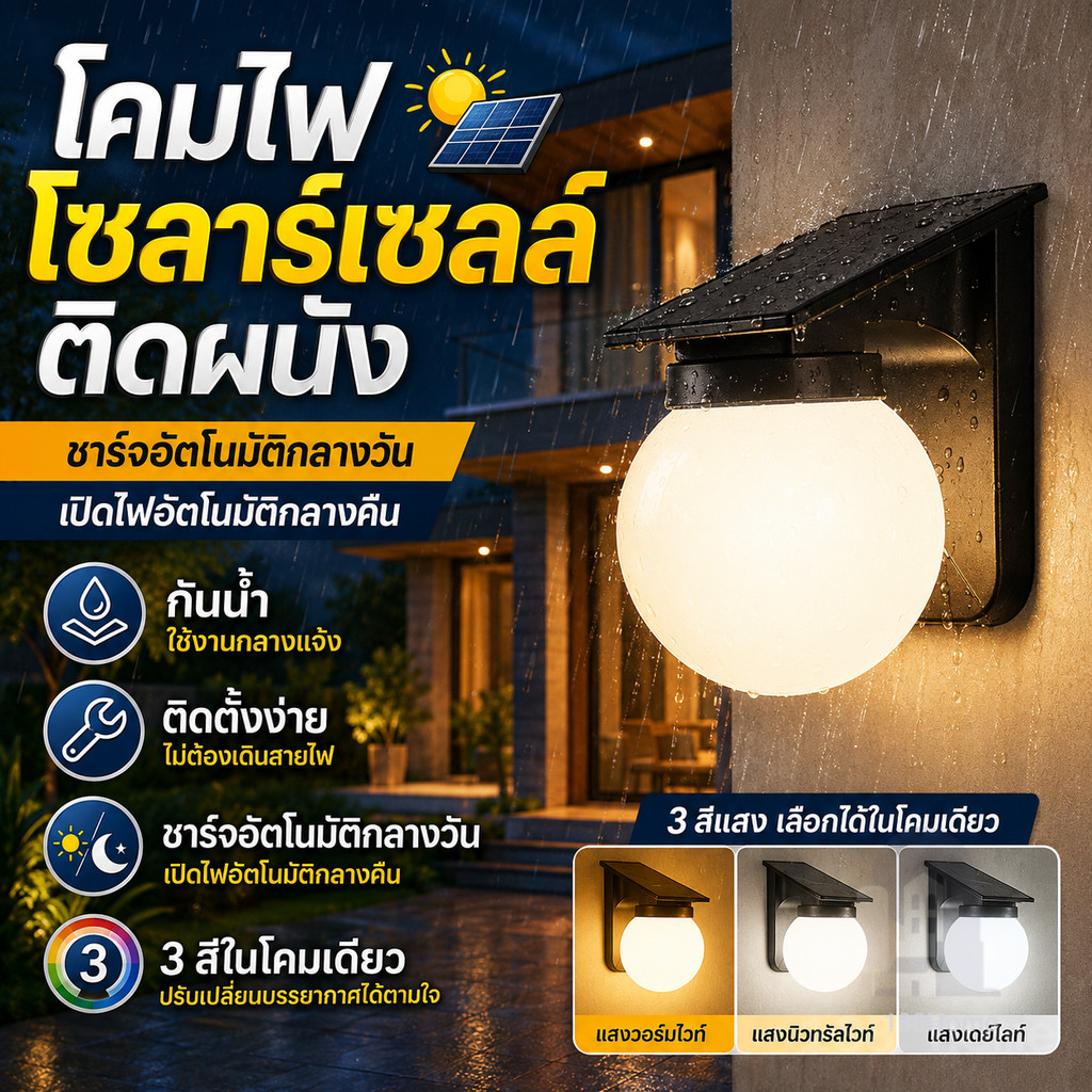 โคมไฟติดผนังโซล่า 0ค่าไฟ สว่างอัตโนมัติเซ็นเซอร์ IP65 ติดตั้งง่าย ใช้กลางแจ้งสวนประตูบ้าน ทนทาน