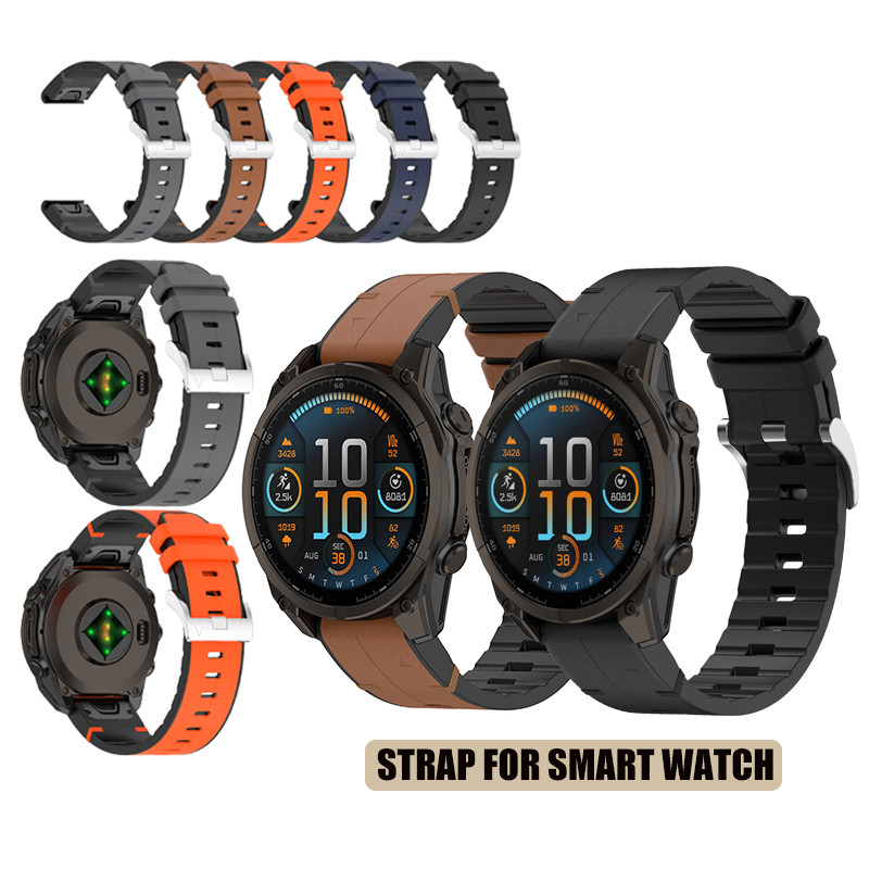 20/22/26 มม.สายซิลิโคนหนังแท้สําหรับ Garmin instinct 3 E 2X / Fenix 7X 7S Pro 8 E Fenix 6X 6S pro 5x
