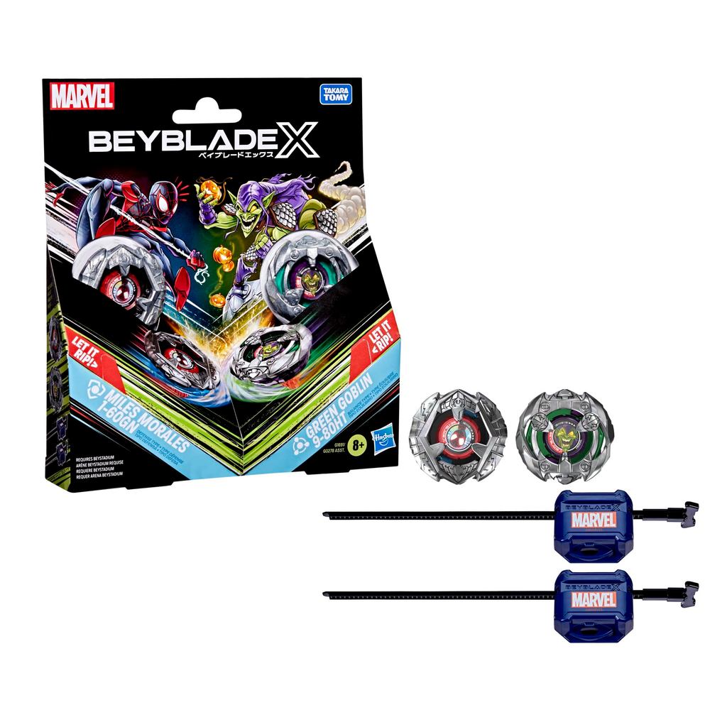 Hasbro Beyblade X and Marvel collaboration: Miles Morales 1-60GN vs. Green Goblin 9-80HT.