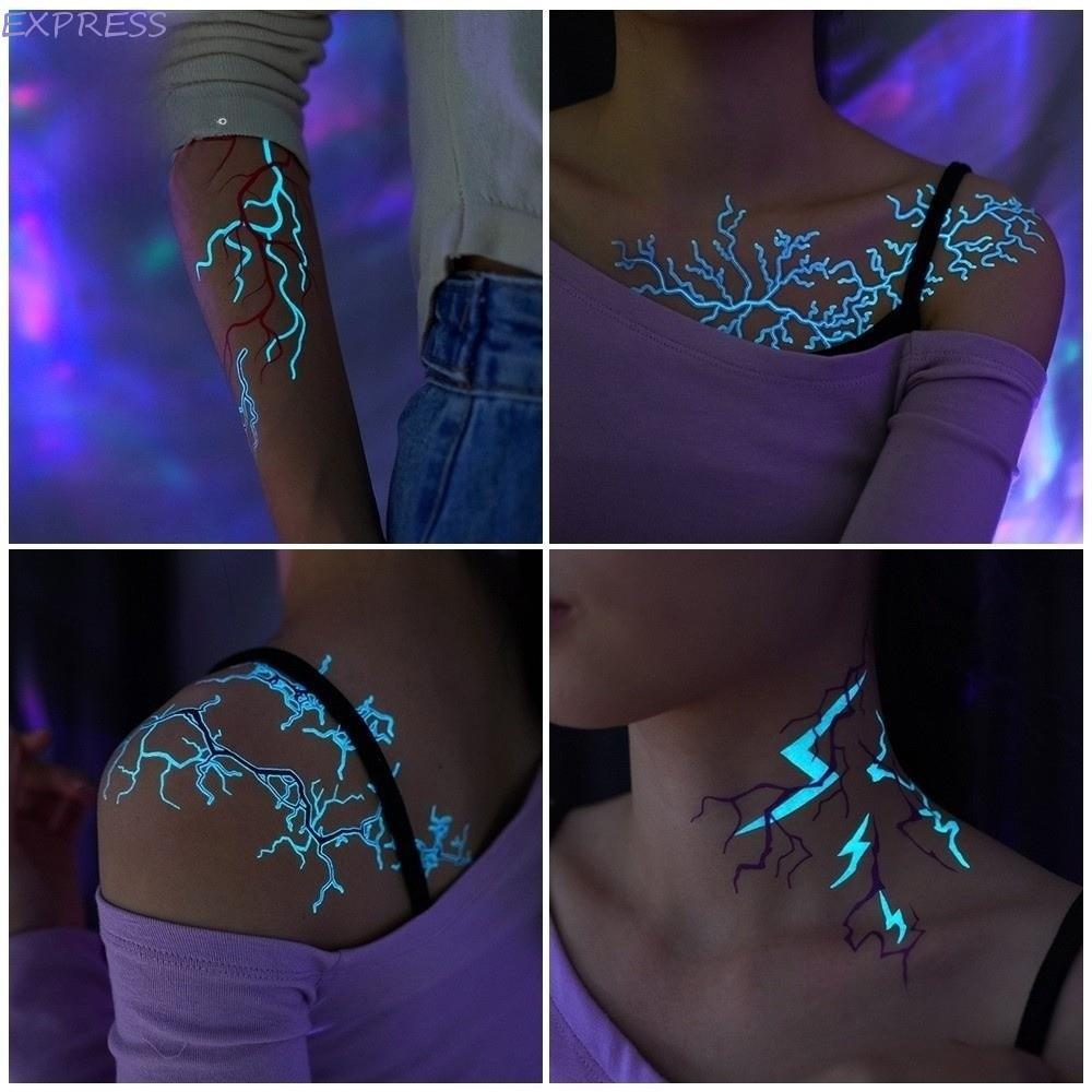 สติ๊กเกอร์รอยสักชั่วคราว EXPRESS, Crack Mark กันน้ํา Luminous Tattoos สติกเกอร์, Cyberpunk Glow In The Dark ตลก Stripe Body Art สติกเกอร์ฮาโลวีน