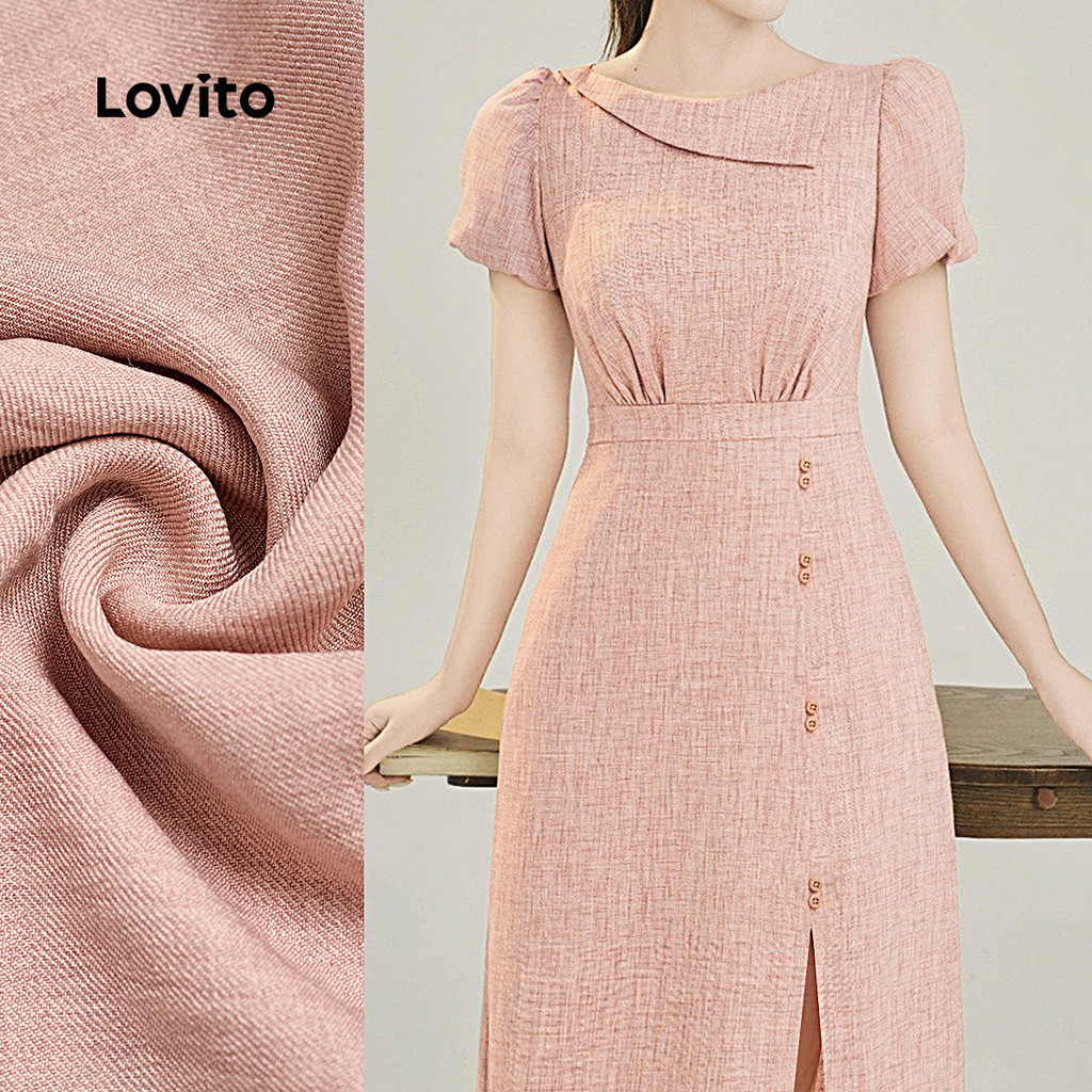 Lovito สง่างาม เสื้อผ้าหรูหราแบบเอวมากบีต สวมใส่ในฤดูใบไม้ผลิ/ฤดูร้อน สีชมพู สำหรับผู้หญิง L142LD565